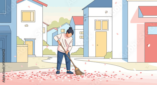 Woman Sweeping Fallen Cherry Blossoms in Quiet Neighborhood Street