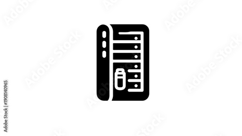 Flat black glyph icon of server rack on white background for tech and computing concepts