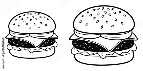 Two Black and White Line Art Hamburgers, One Small, One Large