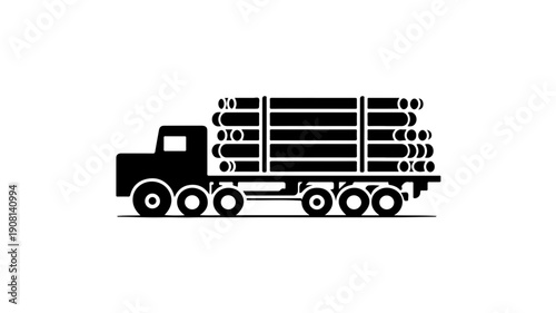 Black glyph icon of a truck trailer loaded with logs on a white background symbolizing transportation and logistics in a simple graphic design