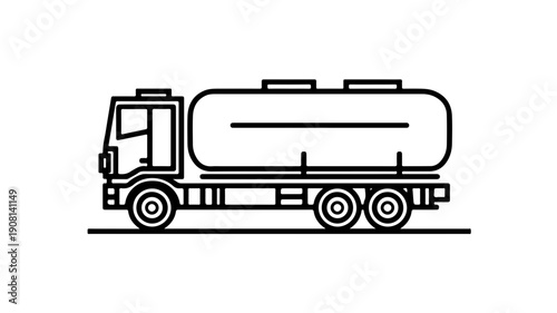 Minimalist black line icon of cryogenic liquid tanker truck on white background simple design transportation vehicle illustration