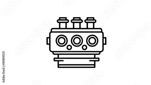 Simple black line icon of a hydrogen fuel cell with three cylinders on top and circular components