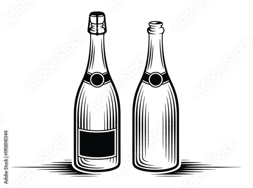 Two Champagne Bottles, One Sealed, One Open, in a Stylized Black and White Illustration