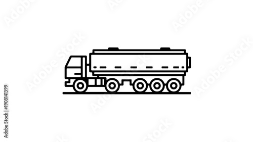 Minimalist black line icon of a tanker truck with large cylindrical tank on a white background