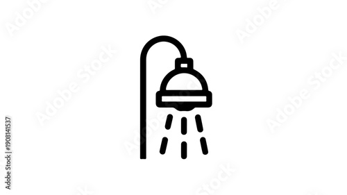 Minimalist black line icon of a shower head with water droplets on a white background symbolizing cleanliness and hygiene