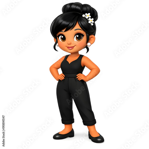 Business Girl with wearing black outfit and black shoes Her hair is styled in bun