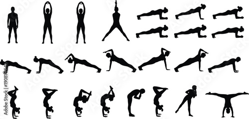 Yoga and fitness silhouettes set – woman demonstrating plank, handstand and stretching exercises isolated on white