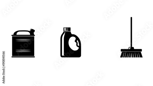 Set of 4 flat black glyph icons for cleaning and maintenance arranged in a grid on white background