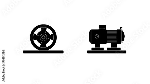 Set of 2 black glyph icons representing industrial machinery parts on white background symbolizing technology and manufacturing processes