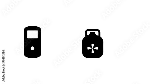 Set of 2 black glyph icons for remote control and portable gas tank on white background symbolizing technology and energy