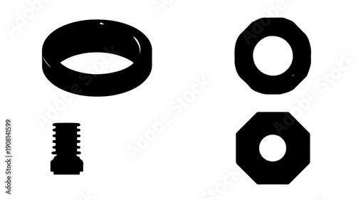 Set of 4 flat black glyph icons for plumbing parts including ring washer bolt and nut on white background for industrial design