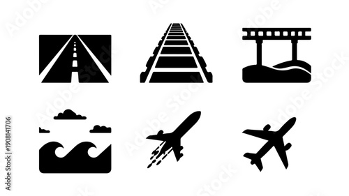 Set of 6 flat black glyph icons representing various transportation modes including road railway bridge sea and air travel on a white background