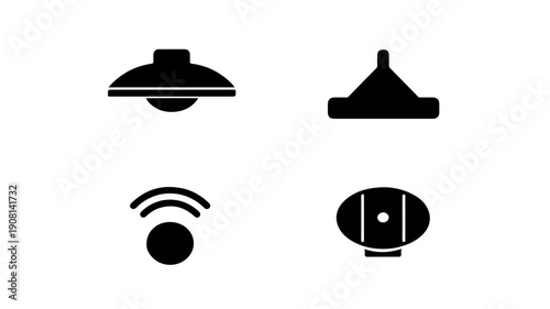 Set of 4 flat black glyph icons arranged in a grid representing various concepts on a white background with simple and modern design
