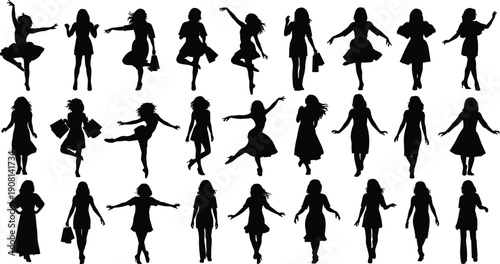 Woman silhouettes set, fashionable female poses walking dancing jumping, elegant dress figures isolated on white background illustration