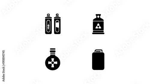 Set of 4 flat black glyph icons for hazardous materials and chemicals arranged in a grid on white background