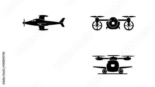 Black drone icons set on white background featuring various aircraft designs and configurations for technology and aviation themes