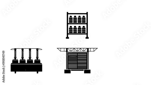 Set of 4 flat black glyph icons representing electrical transformers and equipment arranged in a grid on white background symbolizing power and energy infrastructure