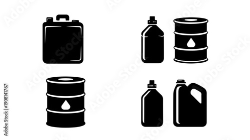 Set of 6 black glyph icons representing oil and petroleum products including barrels and containers arranged in a grid on a white background