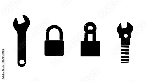 Set of four flat black glyph icons including wrenches and padlocks arranged in a grid on white background