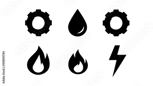 Set of 6 black glyph icons arranged in grid featuring gears oil drop flames and lightning symbol on white background