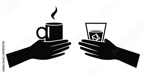 Two hands holding drinks: a hot cup of coffee and a cold glass of whiskey with ice