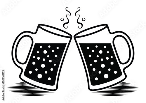 Two Mugs of Dark Beer Clinking Together with Steam and Bubbles