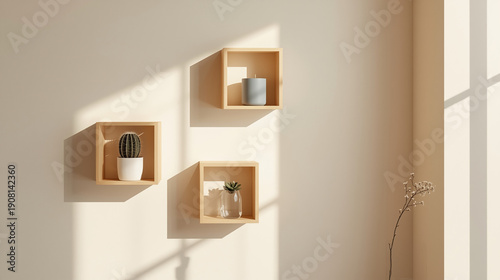 A minimalist Scandinavian wall decor scene features soft beige walls and warm natural sunlight. Four asymmetrically mounted wooden box shelves hold simple decor items a white ceramic cactus, a matte b