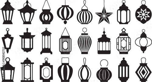 A comprehensive collection of traditional black silhouette lanterns in various unique shapes and cultural styles