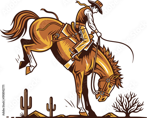 Cowboy riding bucking horse in western rodeo scene, dynamic vintage style vector illustration symbolizing wild west culture, strength, motion, and traditional American ranch life