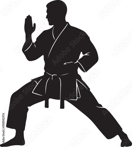 A black silhouette illustration of a man performing a classic karate stance or block