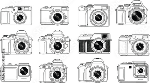 Black and white line of various camera models cameras line black and white digital