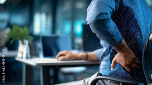 Hand reaching to touch lower back in pain gesture person experiencing muscle discomfort from prolonged sitting office syndrome with back pain demonstration shown clearly