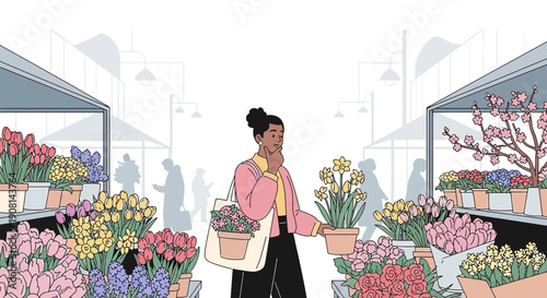 Woman Shopping for Flowers at Outdoor Market