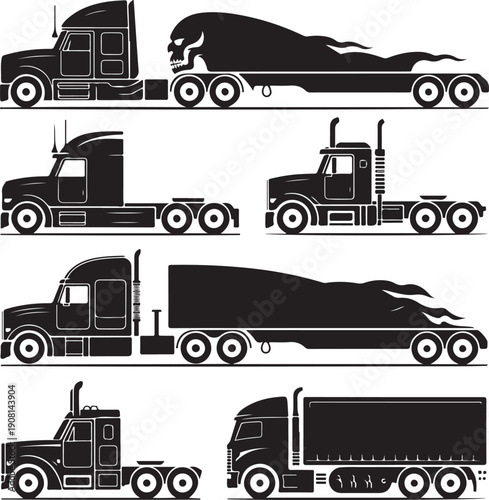 set of semi trucks with different trailers and skulls on white background