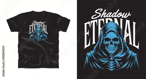 Shadow eternal t-shirt design with hooded skeleton character