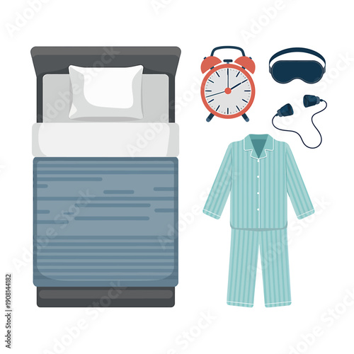 Bed with pillow and blanket and pajamas and alarm clock and sleep mask and earplugs