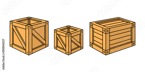 Three wooden crates of different sizes for storage and shipping purposes
