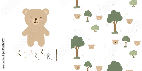A cute bear with the inscription Growl.Vector seamless pattern and print for clothing.