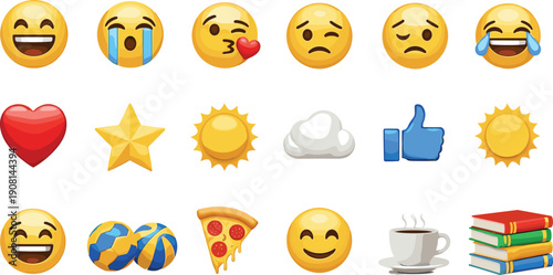 Various colorful emojis and on white background smiling face crying face heart star