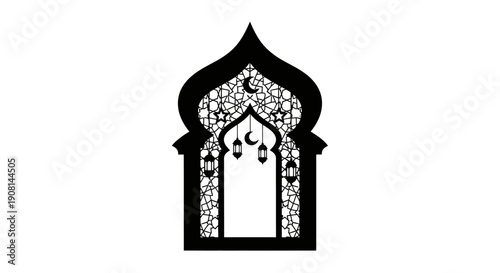 Islamic Window Arch with Ornate Decorative Patterns and Calligraphy.