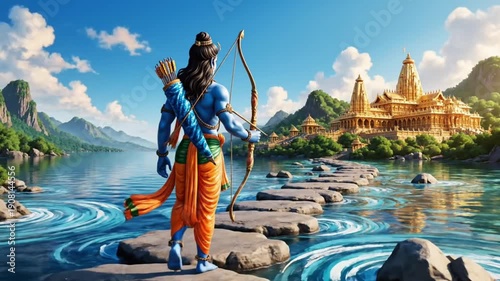 Mythological Lord Rama Crossing the Stone Bridge to Lanka in Epic Ramayana Scene. 
