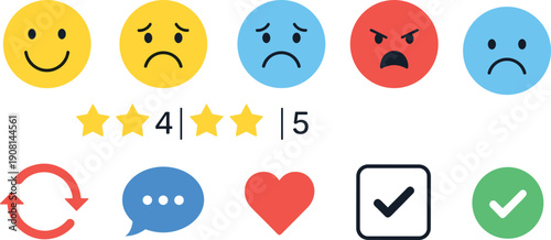 Colorful emoticon faces and social media on white background smiley unhappy angry