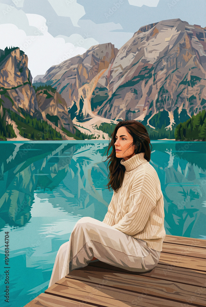 Fototapeta premium Beautiful illustration of a woman relaxing on a wooden pier, enjoying the serene view of a turquoise alpine lake and mountains. Peaceful travel concept.