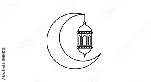 Simple line art illustration of a crescent moon with a hanging lantern.