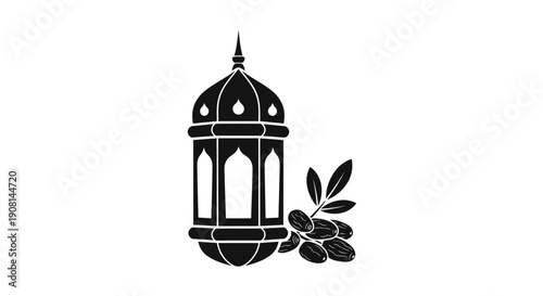 Islamic lantern with leaves simple black illustration.