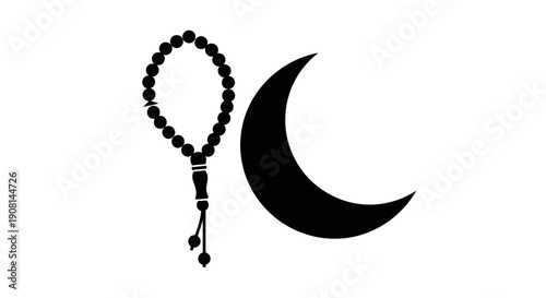 Islamic prayer beads and crescent moon symbol.