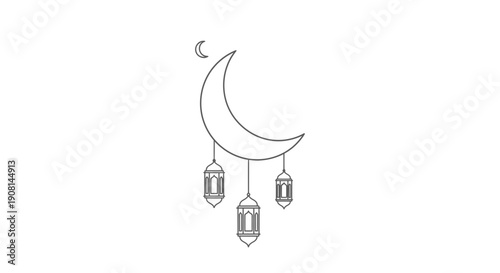 Simple line drawing of a crescent moon with hanging lanterns.