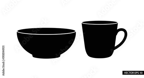 Simple black silhouette of a bowl and a mug on a white background.