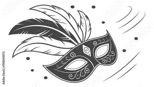 Elegant masquerade mask with feathers and swirling confetti for festive celebration