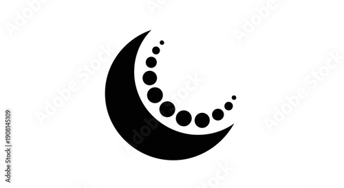 Crescent moon with dotted pattern on white background.